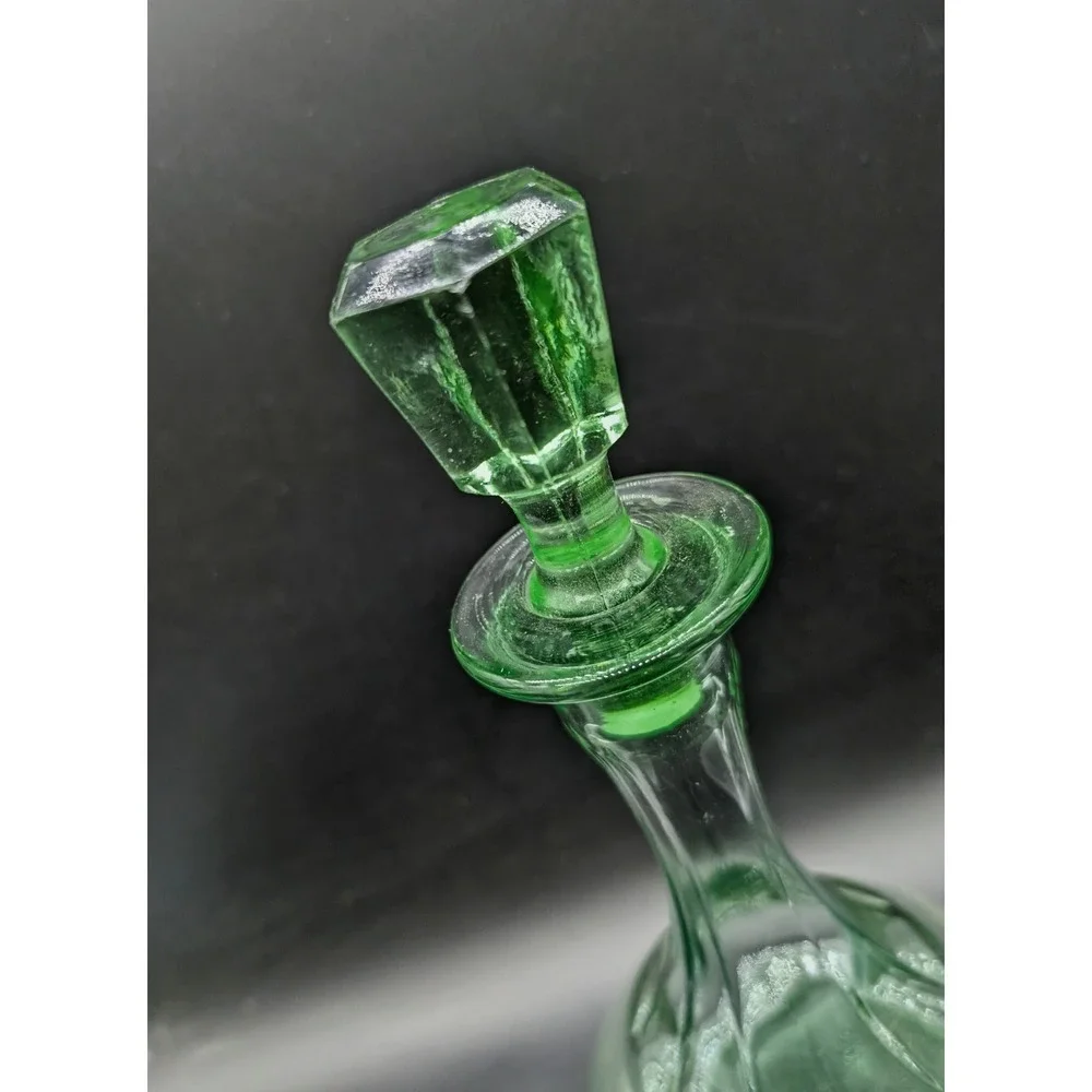 Vintage Green Glass Decanter Bell Shape Panel Optic Ribbed with Stopper MCM